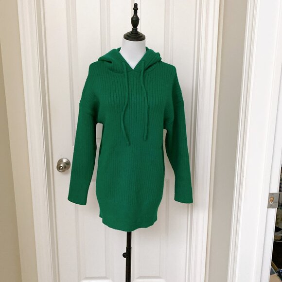 New Women's Loose Hooded Knitwear Solid Green Pullovers Knitted Sweater Dress - Picture 2 of 6